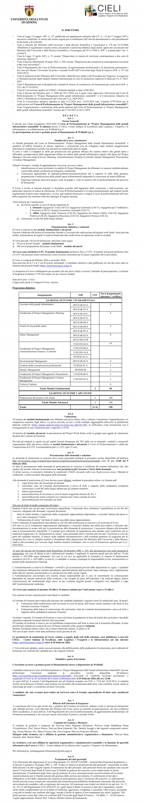 Bando seconda edizione del corso di perfezionamento